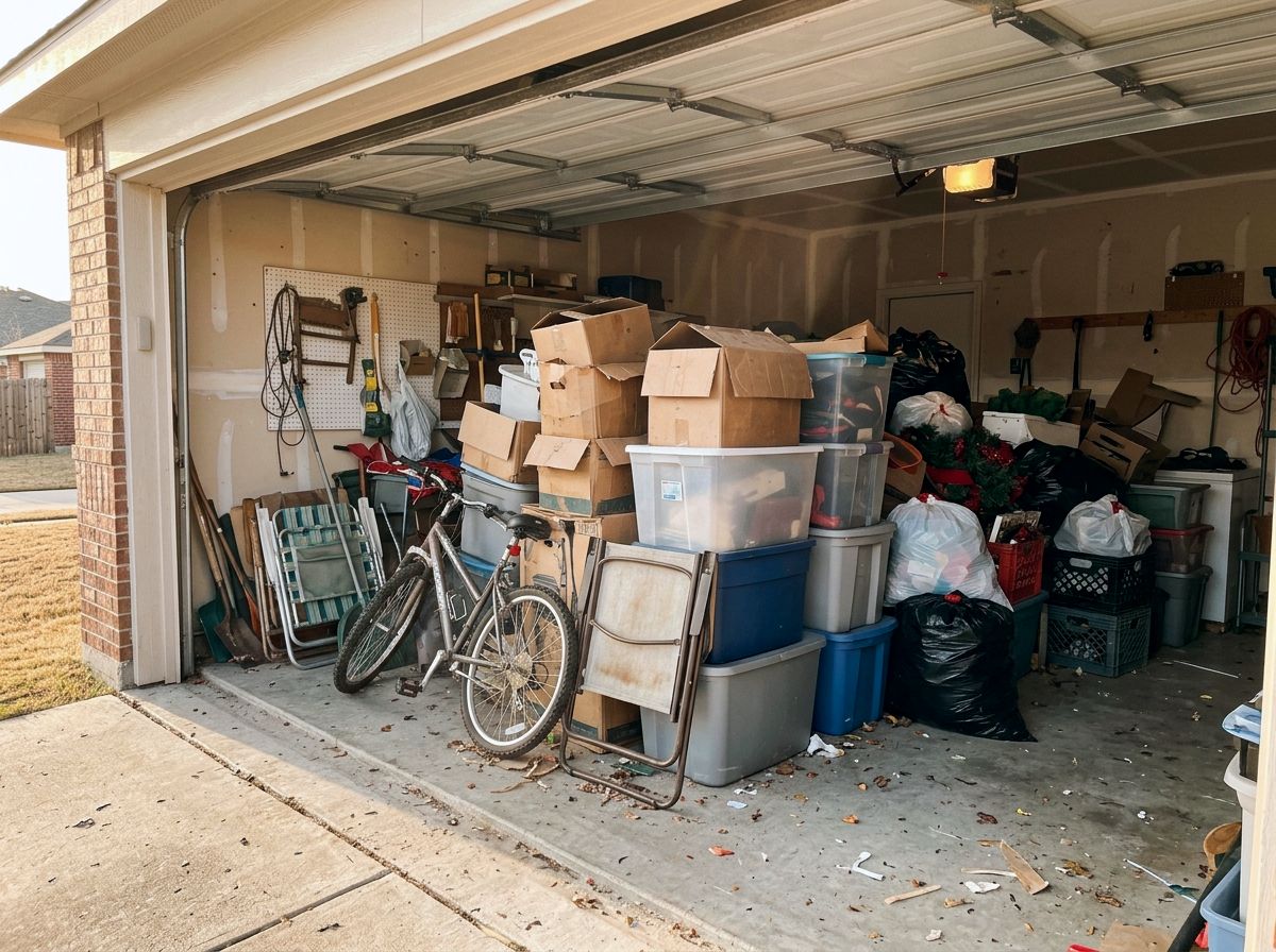 A garage packed with boxes, bins, a bicycle and bags of junk