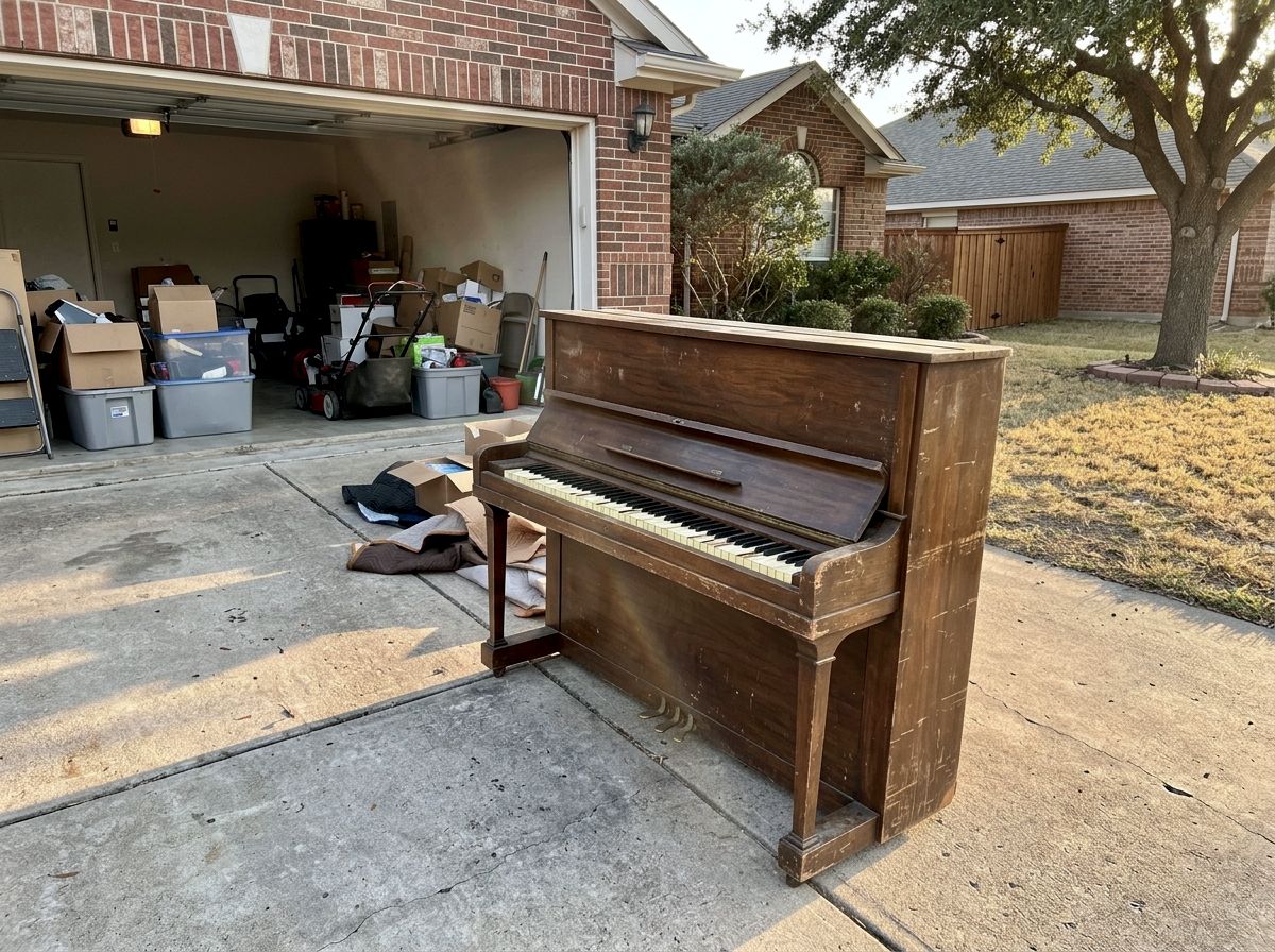 An old upright piano on a driveway
