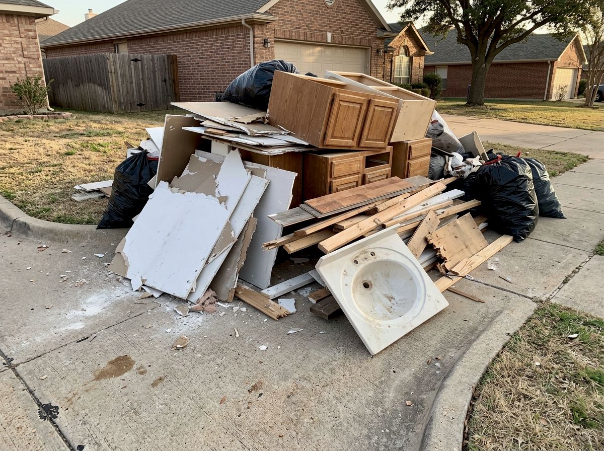 A pile of drywall, old cabinets, flooring and a sink from a remodel