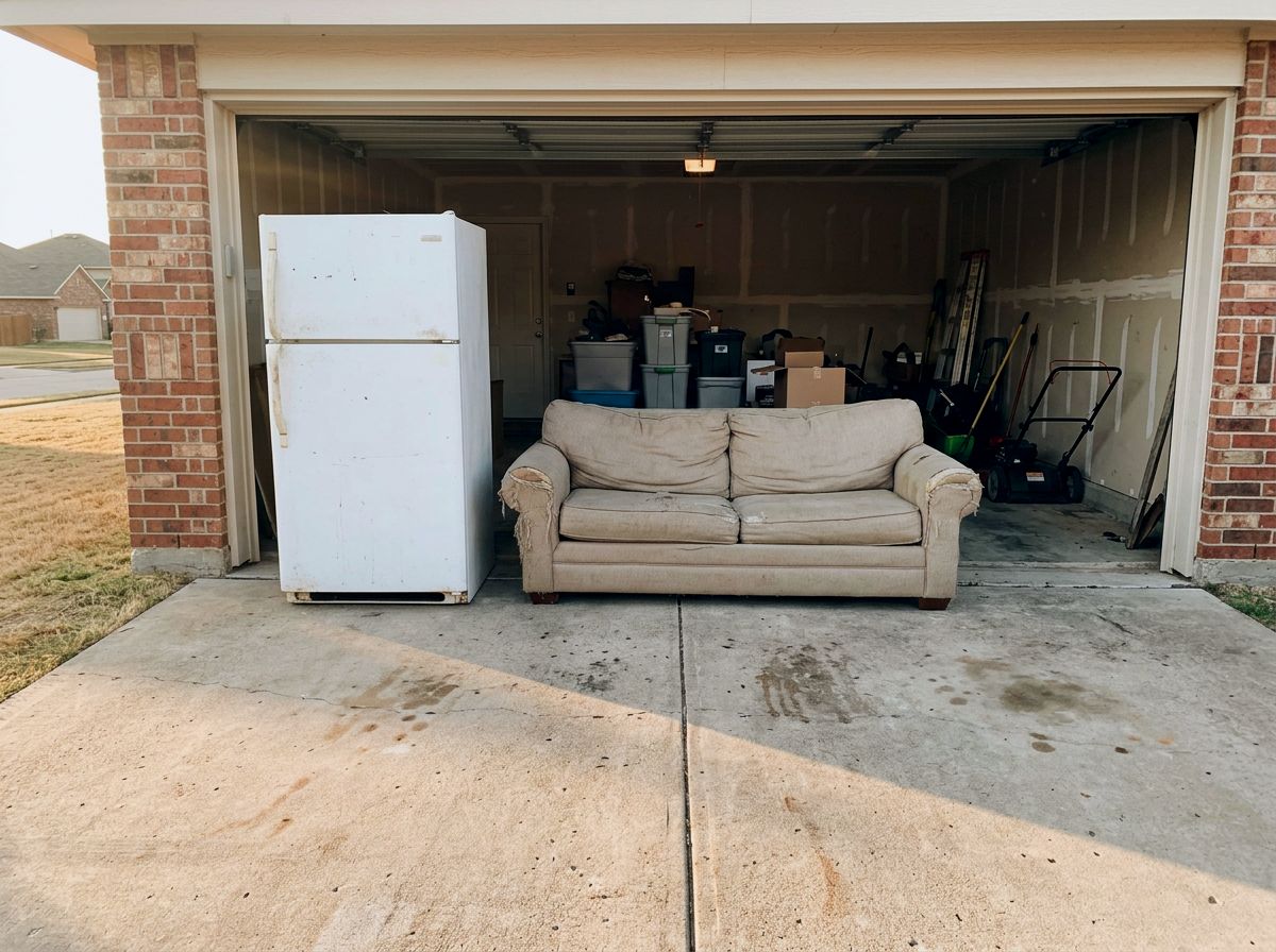 An old refrigerator and couch in an open garage
